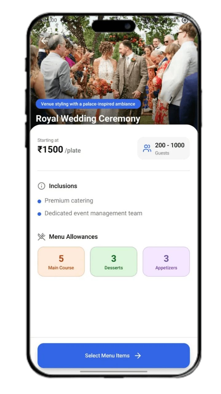 Utsava app screen showing menu customization